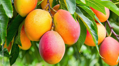 Mango garden on trees lush and fruitful orchard vibrant mangoes hanging from branches green foliage and sunny setting bountiful harvest tropical fruit trees serene and natural environment
