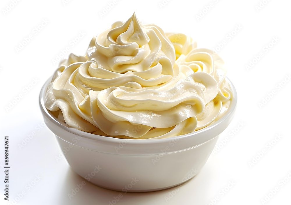 White creamy frosting in a white bowl White creamy frosting in a white bowl