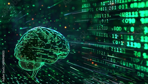 A green digital brain symbolizing the evolution of artificial intelligence. Abstract composition conveying the idea that artificial intelligence can possess its own consciousness. 