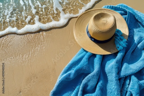 Blue towel with hat and summer beach. Summer concept