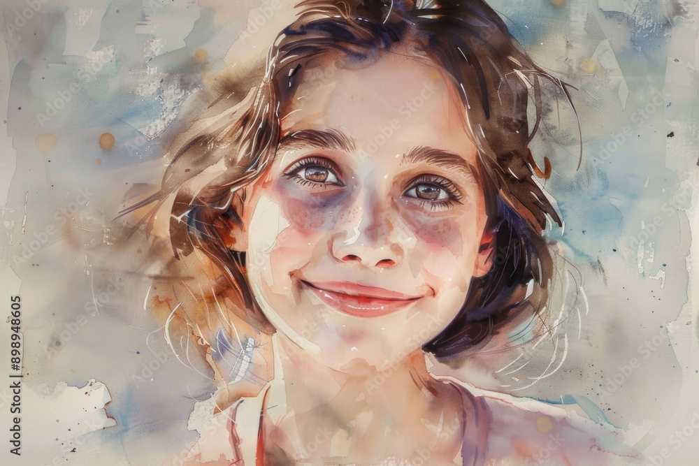 A watercolor painting of a happy child with a bright smile A watercolor painting of a happy child with a bright smile