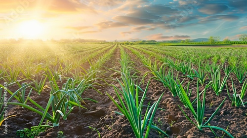 Lush Green Onion Field with Rows of Plants and Blue Sky. Concept of Agriculture, Farming, Rural Landscape, Fresh Produce. Copy space