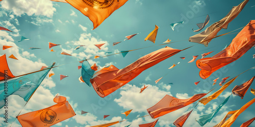 Bandeirinhas de oração coloridas tremulando ao vento.