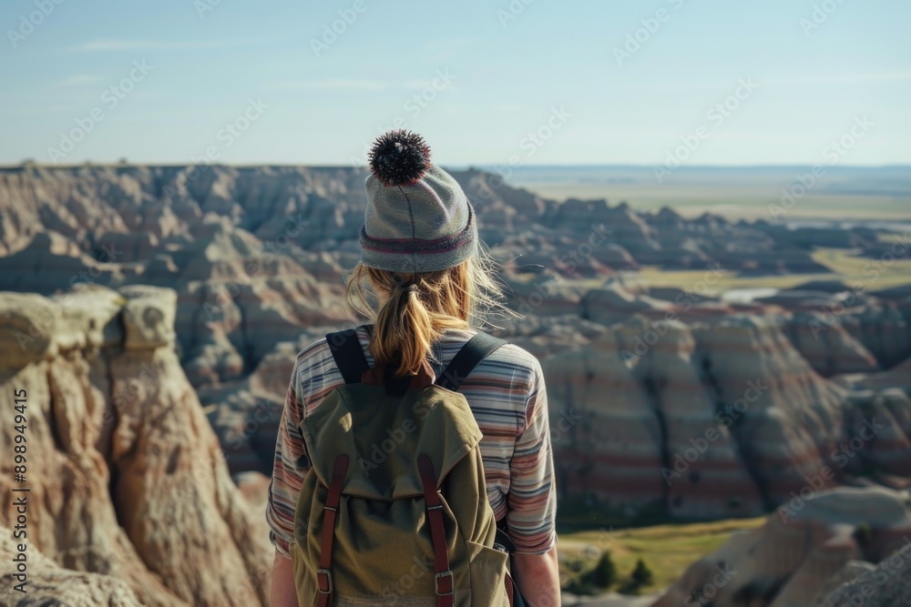 A person hiking looks out at the valley landscape, carrying a backpack A person hiking looks out at the valley landscape, carrying a backpack