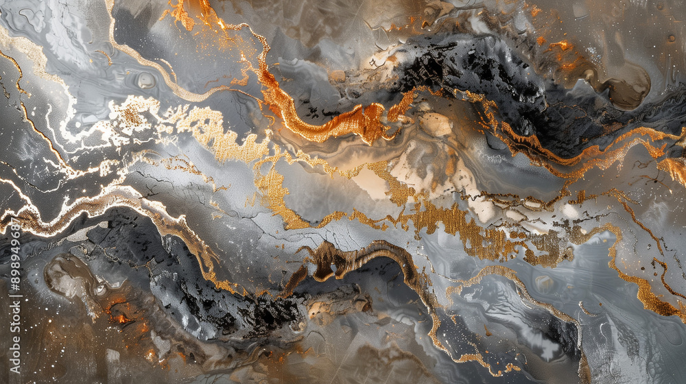Fototapeta premium A dynamic abstract image featuring swirling patterns in shades of grey, black, white, and gold, resembling marble or stone textures.