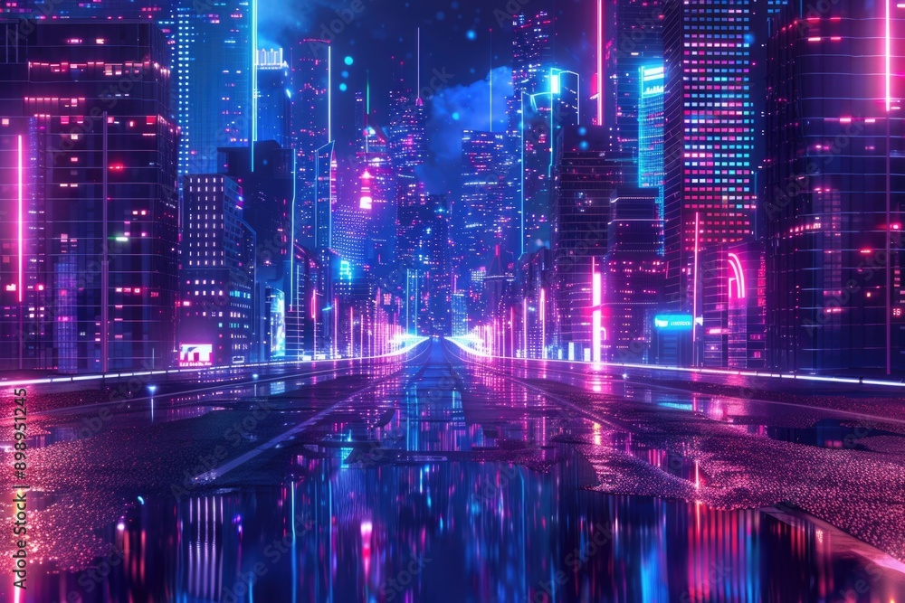 Fototapeta premium Urban scene with neon lights reflecting off the water at night
