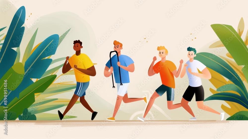 Four runners wearing sportswear are jogging on a path surrounded by lush greenery, showcasing an active lifestyle in a vibrant outdoor setting. Four runners wearing sportswear are jogging on a path surrounded by lush greenery, showcasing an active lifestyle in a vibrant outdoor setting.
