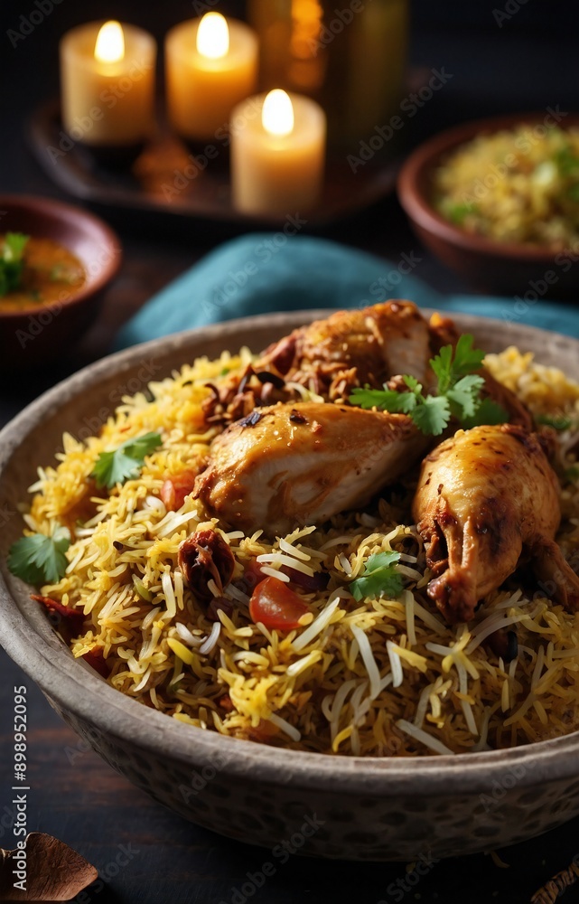 Delicious Chicken Biryani with Aromatic Spices - Top View Delicious Chicken Biryani with Aromatic Spices - Top View