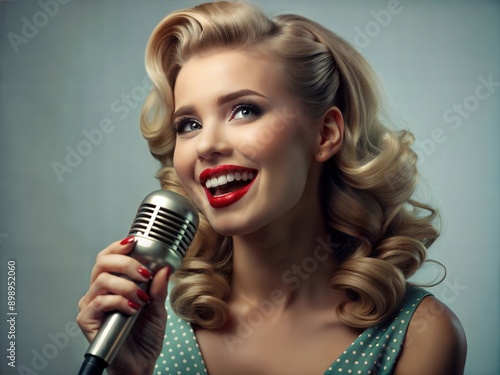 Singing girl with a microphone. Pop singer. Girl with a microphone.