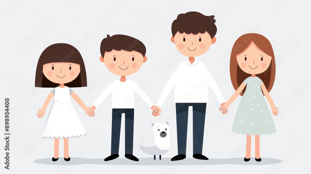 An illustrated family of four holding hands with a cute pet, symbolizing unity and harmony. The members are depicted simply and warmly, wearing cheerful expressions. An illustrated family of four holding hands with a cute pet, symbolizing unity and harmony. The members are depicted simply and warmly, wearing cheerful expressions.
