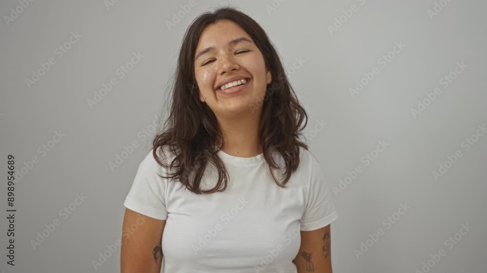 Young hispanic woman wearing white t-shirt standing and winking with a happy, cheerful, and sexy expression. over isolated background, looking at camera with a smiling face. Young hispanic woman wearing white t-shirt standing and winking with a happy, cheerful, and sexy expression. over isolated background, looking at camera with a smiling face.