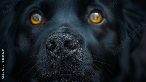 Black dog staring with big intense yellow eyes, wet nose and mouth slightly open