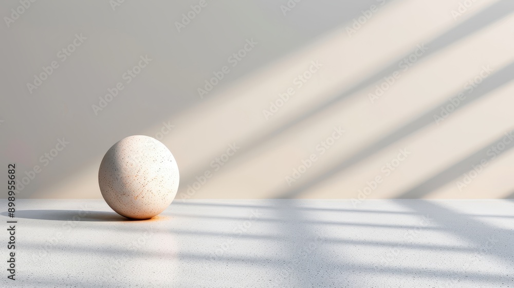 A singular egg resting on a smooth white surface with soft lighting, casting shadows that add depth and highlight the simplicity of the composition in a minimalist fashion.