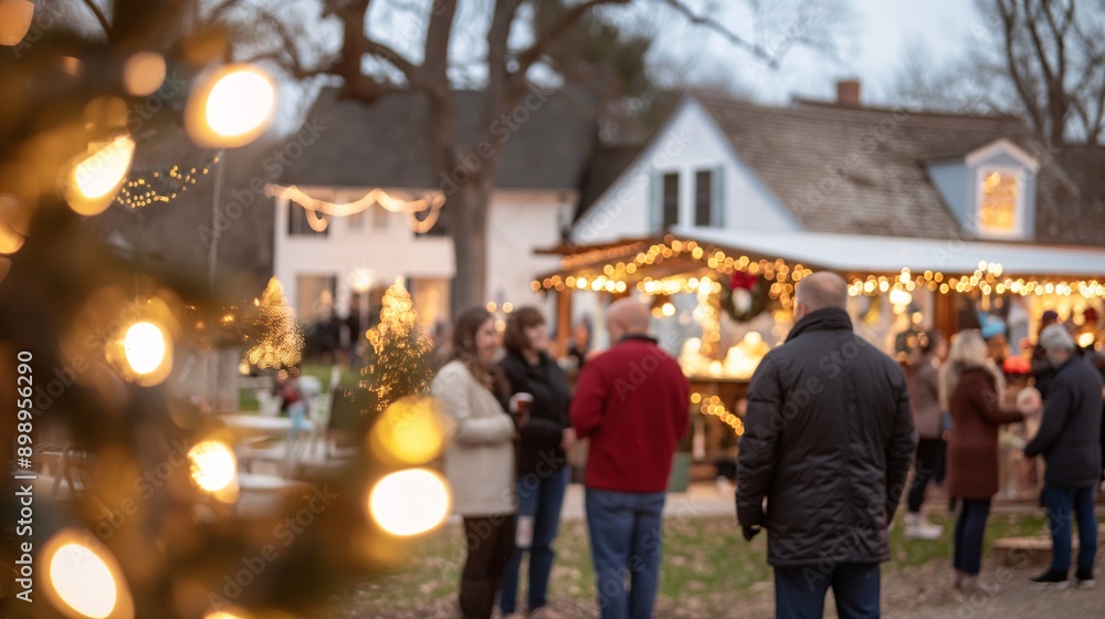 Obraz premium Cozy Holiday Gathering: Warm lights and festive cheer as friends and family gather in a charming, quaint neighborhood setting, creating a heartwarming scene of community and celebration.