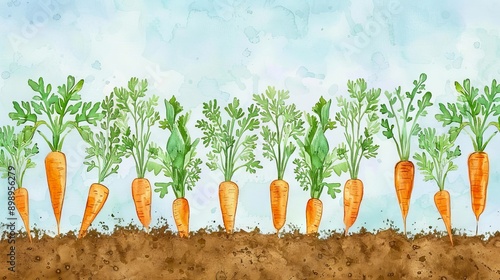 Watercolor illustration of a carrot field with bright green leaves and vibrantsky background. Concept of agriculture, organic farming, vegetables, nature photo