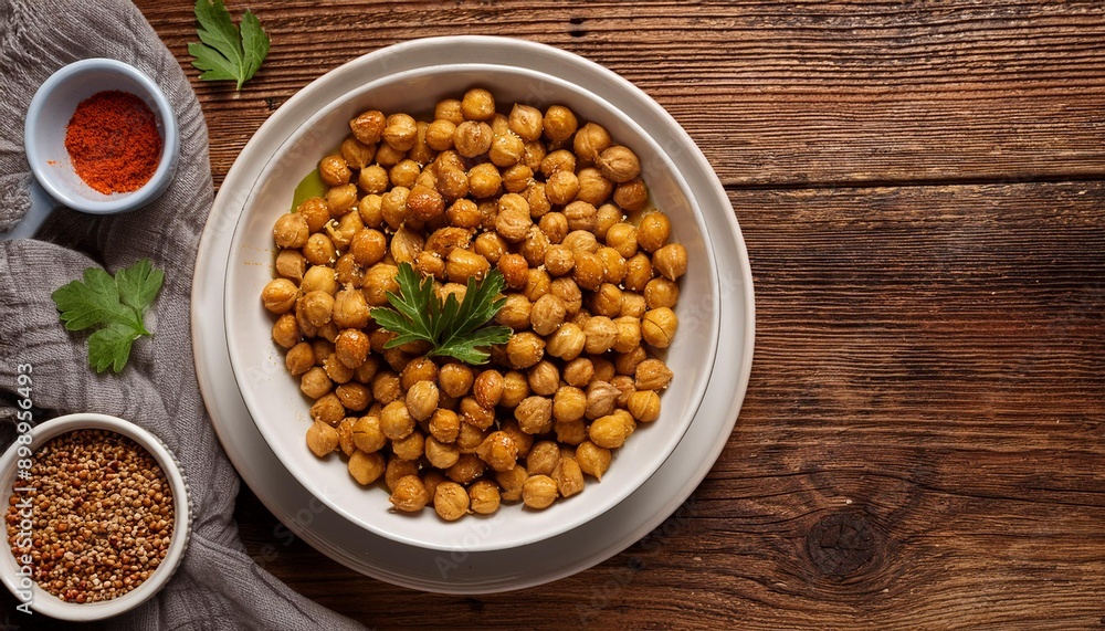 Flat lay of a bowl of roasted chickpeas with spices, placed on a clean white plate against a Flat lay of a bowl of roasted chickpeas with spices, placed on a clean white plate against a