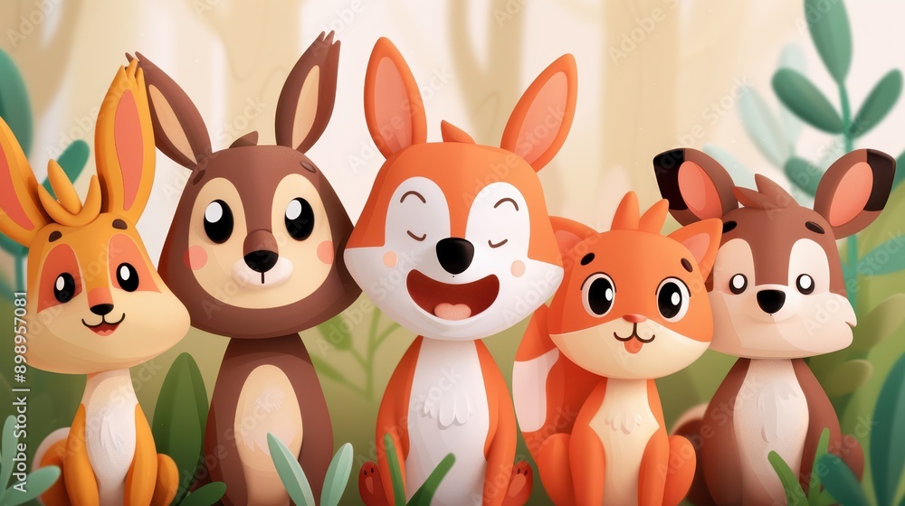 An expressive and joyful illustration of a group of animals, including a happy fox and a rabbit, posed against a serene forest background, reflecting cheerfulness and friendship. An expressive and joyful illustration of a group of animals, including a happy fox and a rabbit, posed against a serene forest background, reflecting cheerfulness and friendship.