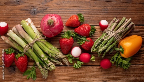 Flat lay of a variety of spring fruits and vegetables like strawberries, asparagus, and radish
