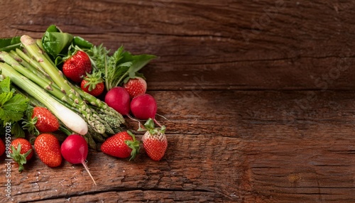 Flat lay of a variety of spring fruits and vegetables like strawberries, asparagus, and radish