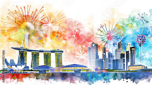 Vibrant watercolor illustration of Singapore National Day celebration photo