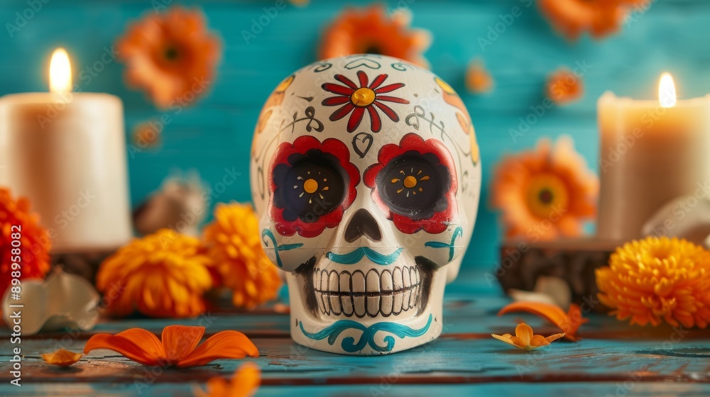 A skull with red and blue paint on it is sitting on a table with candles A skull with red and blue paint on it is sitting on a table with candles
