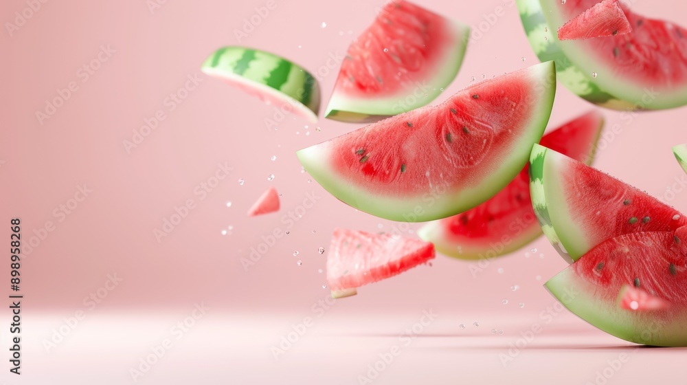 A close up of watermelon slices flying through the air A close up of watermelon slices flying through the air