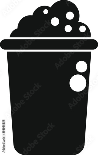 Black simple icon of a bucket full of soapy water, isolated on a white background