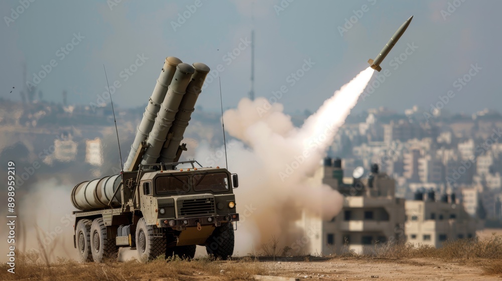 A military vehicle with a large rocket launcher on top of it is firing ...