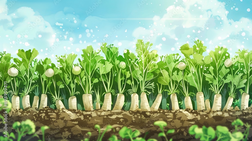 Fototapeta premium Watercolor illustration of parsnip plants in a field with green tops under a bright blue sky. Concept of agriculture, farming, root vegetables, botanical art
