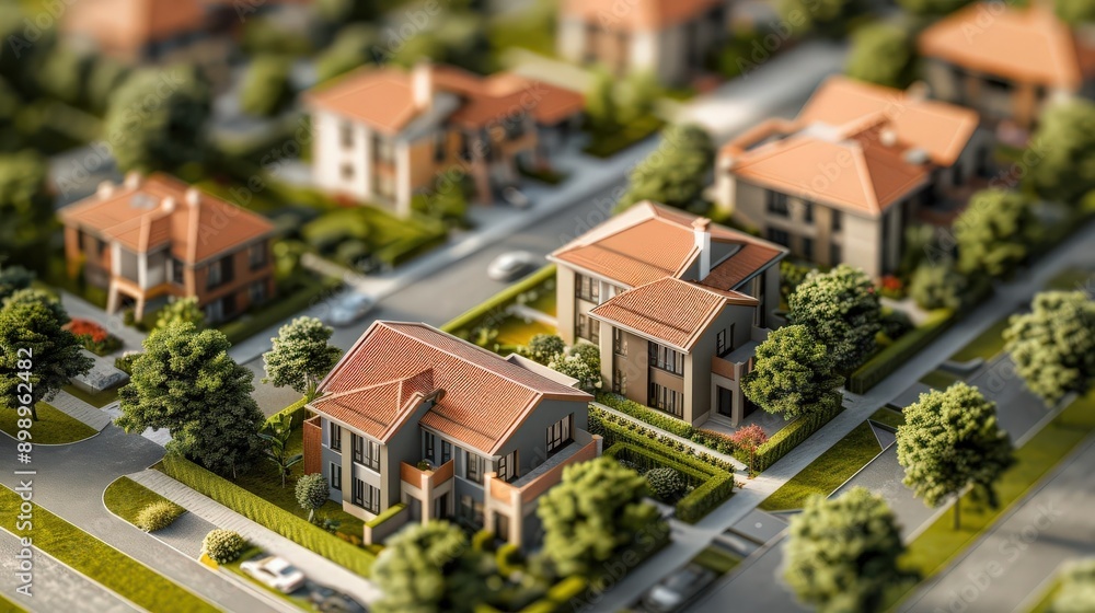 Aerial view of a residential neighborhood showcasing charming homes, greenery, and well-maintained streets in a miniature effect. Aerial view of a residential neighborhood showcasing charming homes, greenery, and well-maintained streets in a miniature effect.