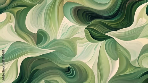 An eclectic wallpaper design with fluid freeform shapes in shades of green and white reminiscent of natural forms like leaves and flowers.