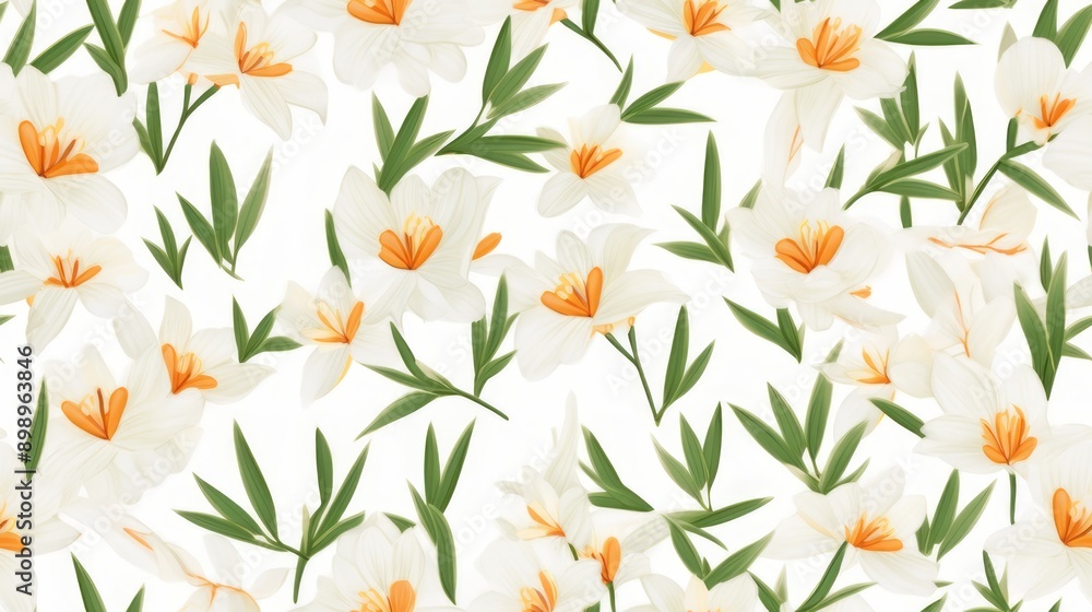 The beauty of this pattern of white and orange zephyranthes with green leaves on the background exudes happiness and joy, making every moment feel more special. The beauty of this pattern of white and orange zephyranthes with green leaves on the background exudes happiness and joy, making every moment feel more special.