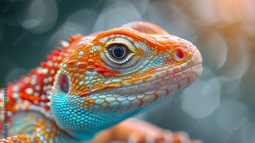 Agama lizard with orange, blue and red skin is looking to the side showing its beautiful colors Agama lizard with orange, blue and red skin is looking to the side showing its beautiful colors