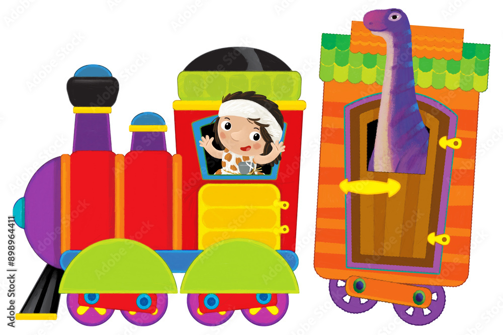 Cartoon funny looking colorful wagon with dino dinosaur animal lizard and caveman conductor isolated illustration for children Cartoon funny looking colorful wagon with dino dinosaur animal lizard and caveman conductor isolated illustration for children