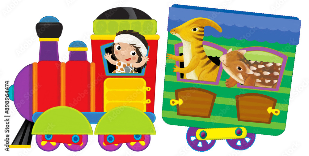 Cartoon funny looking colorful wagon with dino dinosaur animal lizard and caveman conductor isolated illustration for children Cartoon funny looking colorful wagon with dino dinosaur animal lizard and caveman conductor isolated illustration for children