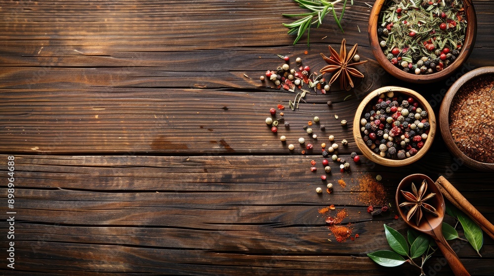 Assorted spices on wooden background with space for text Assorted spices on wooden background with space for text