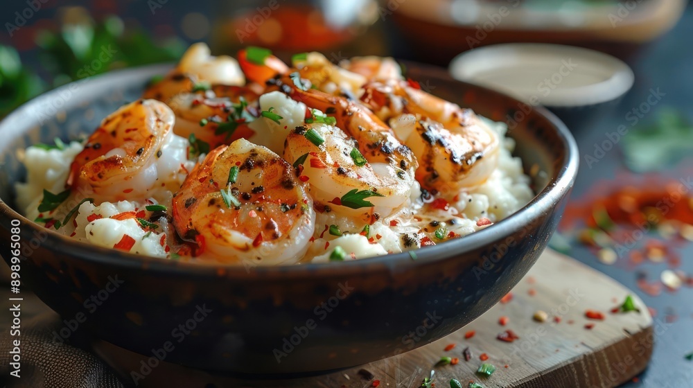 a bowl of shrimp and rice with herbs on the side a bowl of shrimp and rice with herbs on the side