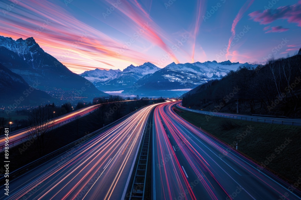 A long exposure photo of a mountain highway at night, with cars driving by and city lights in the distance A long exposure photo of a mountain highway at night, with cars driving by and city lights in the distance