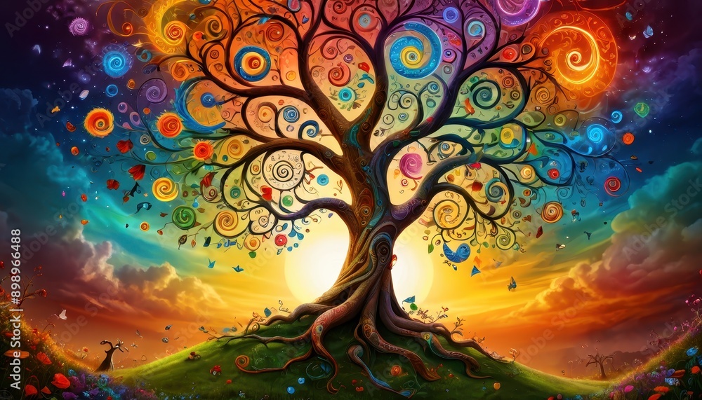 Tree of Cosmic Dreams: A vibrant, swirling tree of life bursts with rainbow colors against a backdrop of a magical sunset, symbolizing growth, renewal, and the interconnectedness of all things. Tree of Cosmic Dreams: A vibrant, swirling tree of life bursts with rainbow colors against a backdrop of a magical sunset, symbolizing growth, renewal, and the interconnectedness of all things.