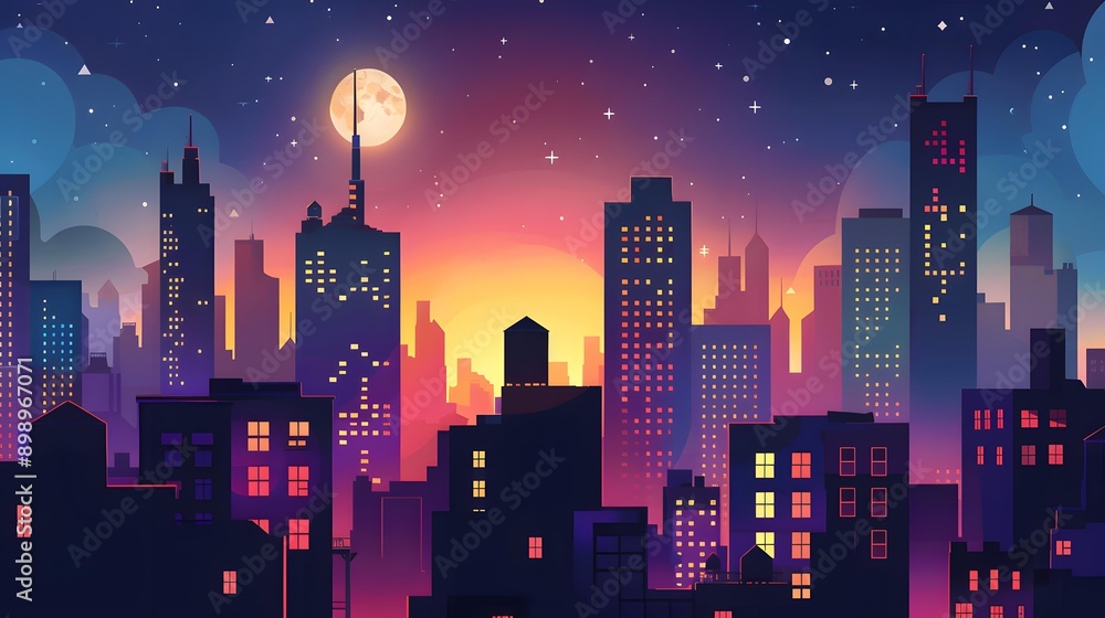 Nighttime City Skyline with Moon and Stars Illustration Nighttime City Skyline with Moon and Stars Illustration