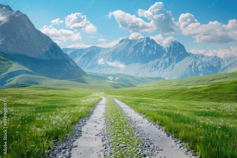 Fototapeta premium A dirt road winds its way through a vibrant green field, surrounded by nature