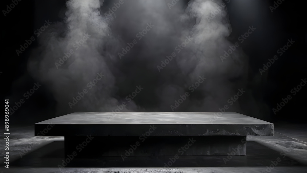 Dark black floor podium dramatic empty night room table concrete wall scene place display studio smoky dust. Podium black dark smoke background product platform abstract stage texture fog spotlight. Dark black floor podium dramatic empty night room table concrete wall scene place display studio smoky dust. Podium black dark smoke background product platform abstract stage texture fog spotlight.