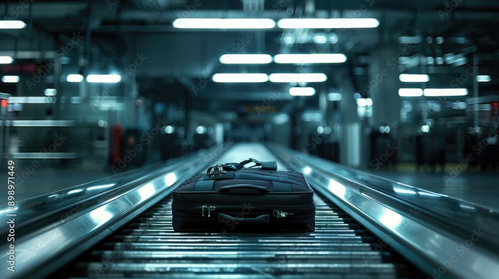 A piece of luggage sits atop an escalator, awaiting its next destination A piece of luggage sits atop an escalator, awaiting its next destination
