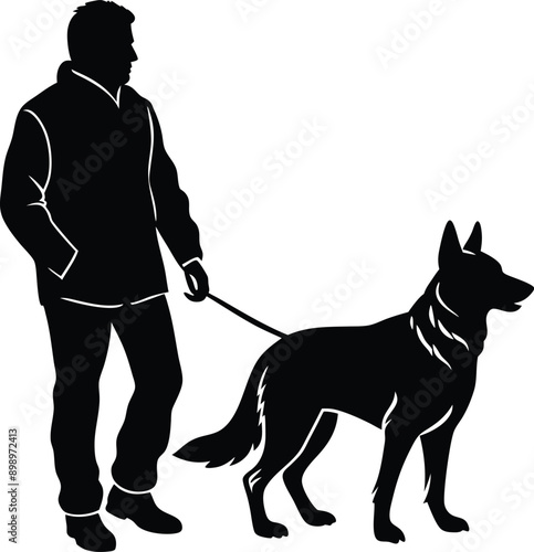 man walking with german shepherd on white background