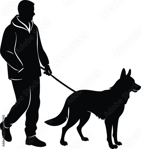 man walking with german shepherd on white background