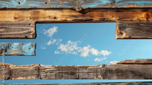 Wooden wall background with a hole under a clear sky