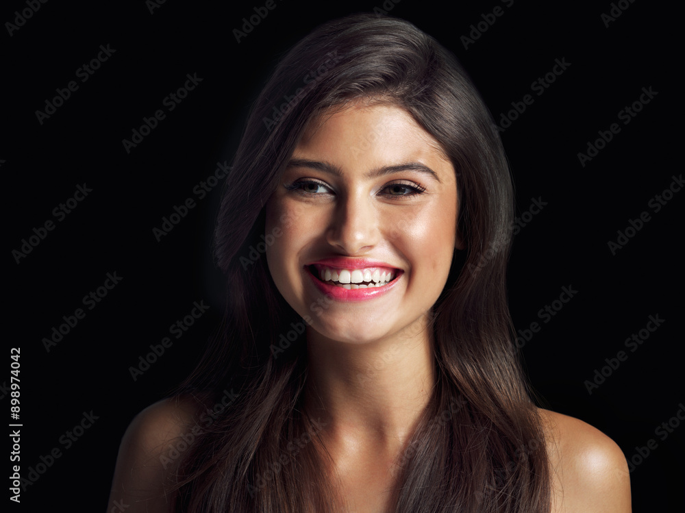 Portrait, hair care and woman with shine, smile and luxury with beauty on black studio background. Face, person and model with treatment, aesthetic and grooming routine with dermatology and keratin Portrait, hair care and woman with shine, smile and luxury with beauty on black studio background. Face, person and model with treatment, aesthetic and grooming routine with dermatology and keratin
