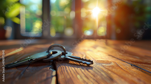 Close-up of keys on a wooden table with a warm, glowing sunset in the background, creating a cozy atmosphere.