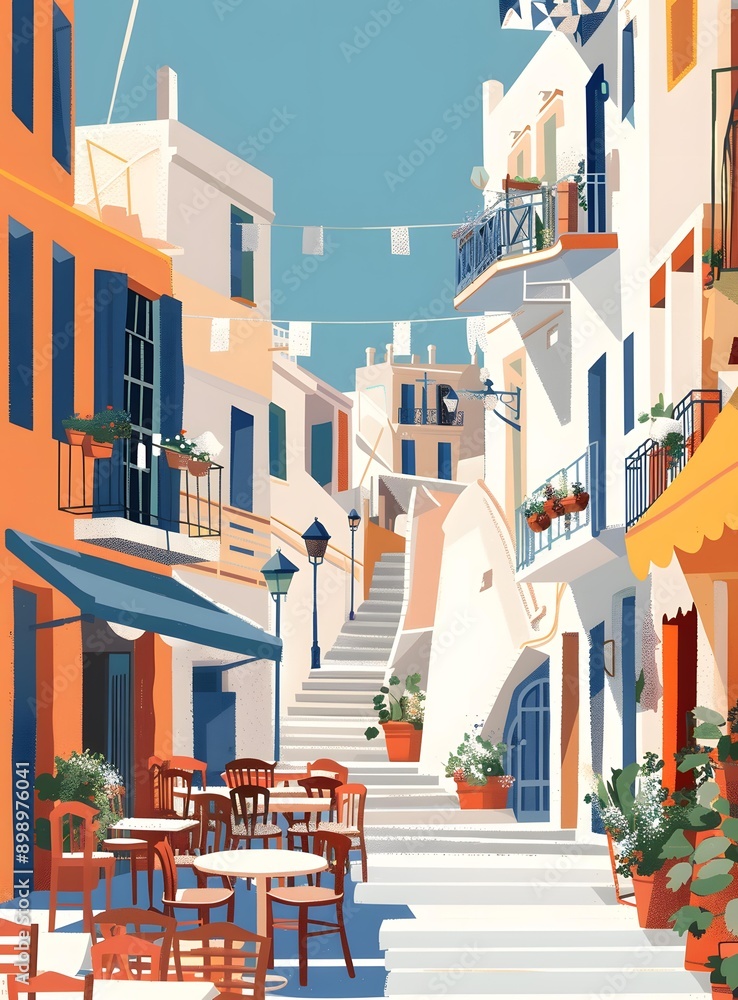 Colorful Illustration of a Mediterranean Street with Stairs and a Cafe Colorful Illustration of a Mediterranean Street with Stairs and a Cafe