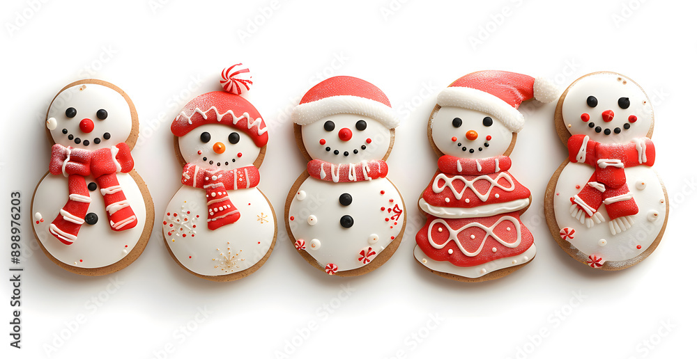 A row of snowmen with red hats and scarves